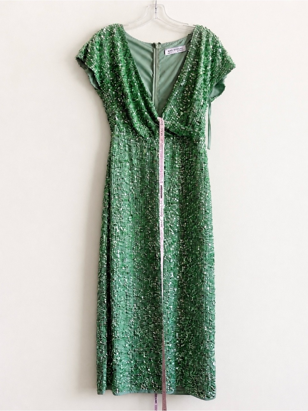 Mac Duggal Green Sequined Cap Sleeve Wrap Over Cocktail Dress Sage size 4 #10766